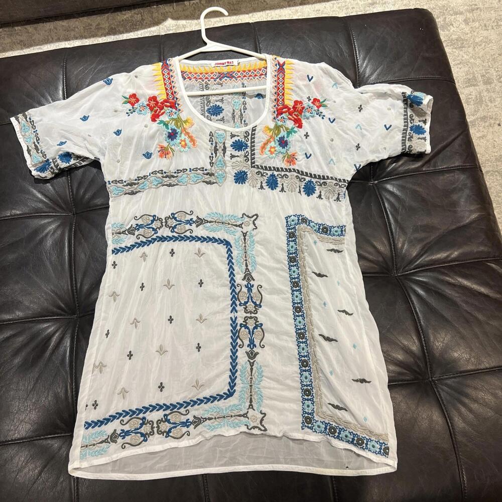 Johnny Was Danny White Embroidered Sheer Tunic Top Boho Size XS *Flaw